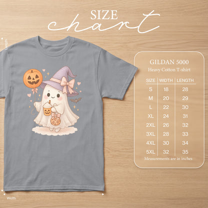 Gildan 5000 heavy cotton t-shirt size chart with cute ghost graphic.