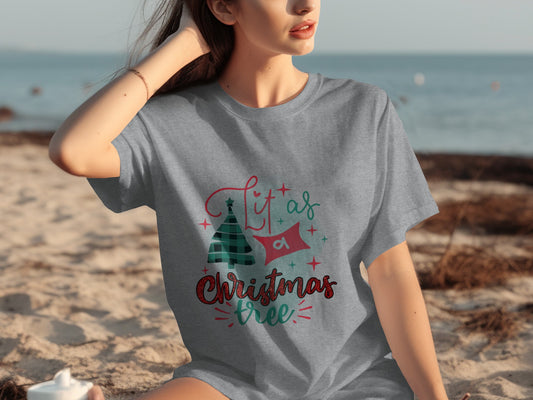 Lit as a Christmas Tree Graphic Tee Holiday Shirt