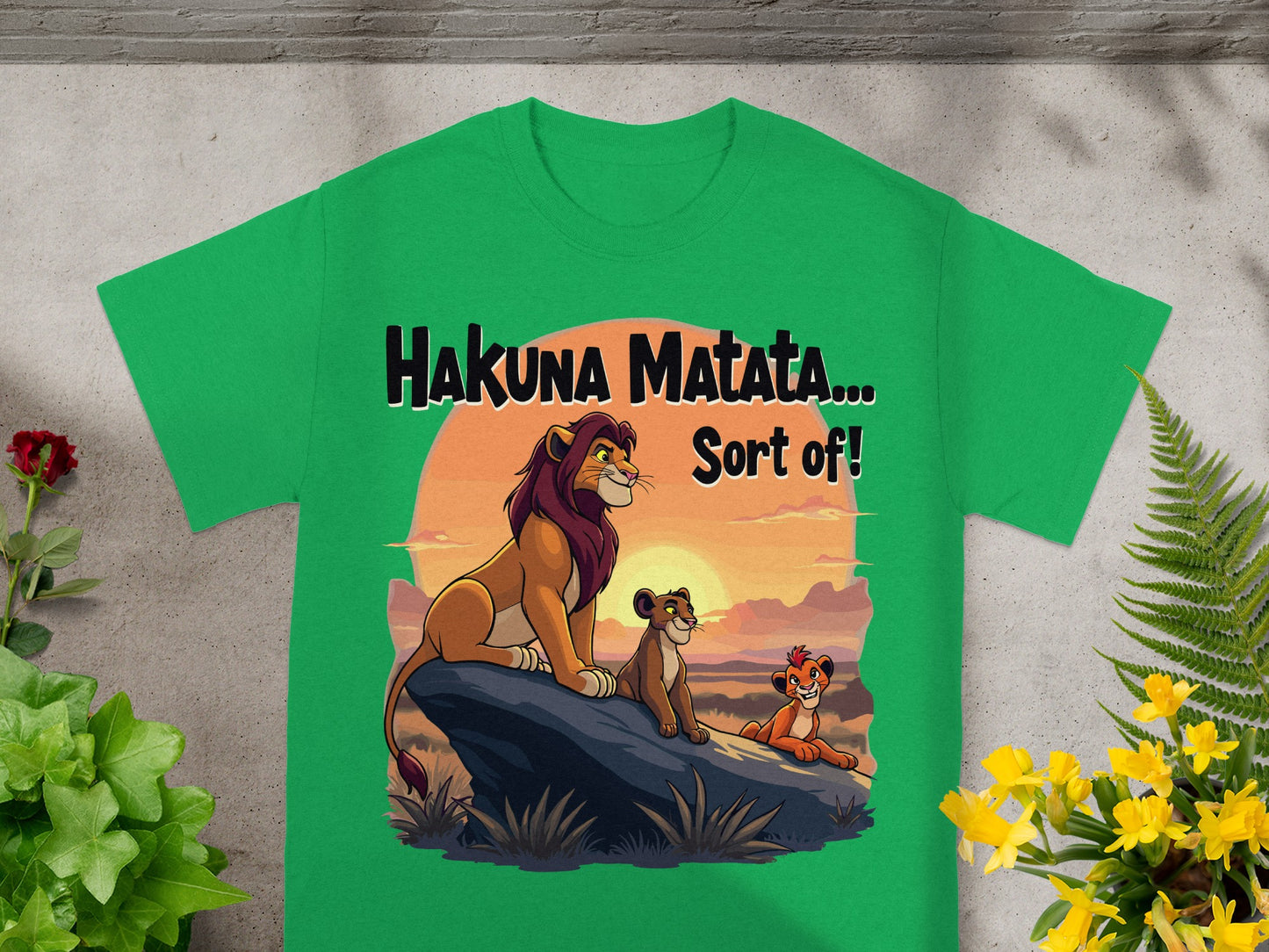 Simba and Nala with quote "Hakuna Matata... Sort of!" on a green t-shirt.