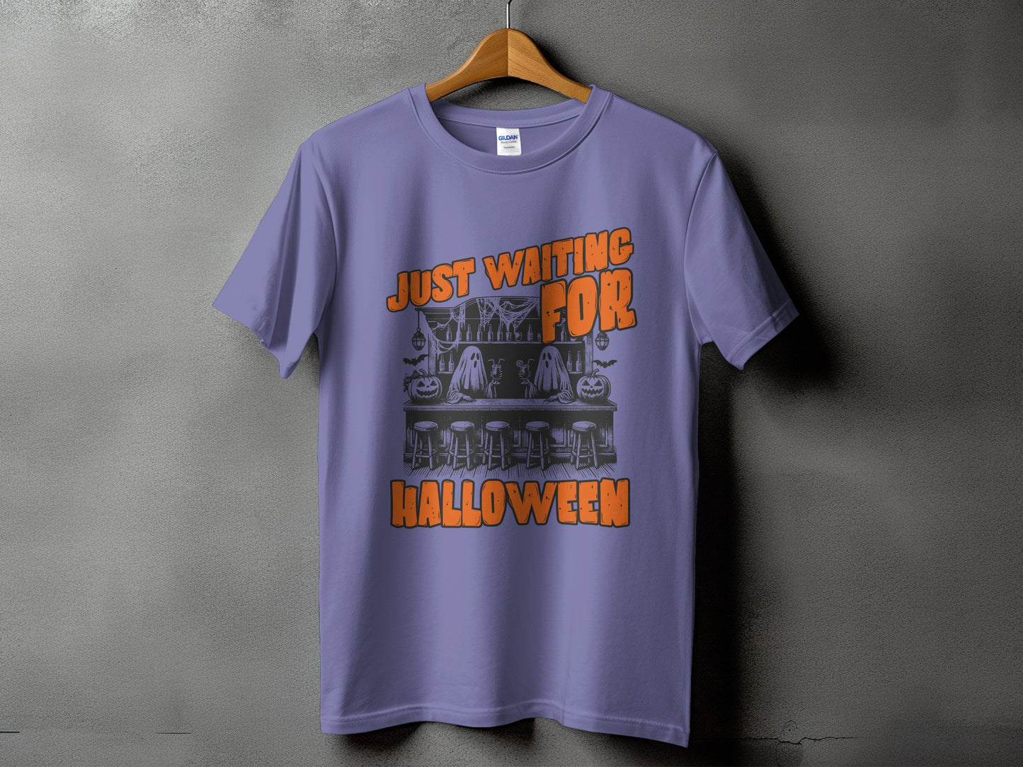Purple t-shirt with "Just Waiting For Halloween" Halloween graphic.