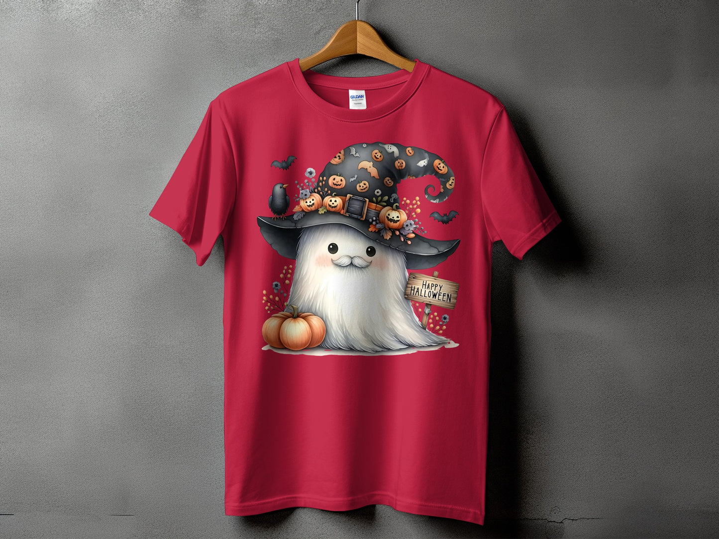 Red t-shirt with a ghost wearing a witch hat and holding a "Happy Halloween" sign.