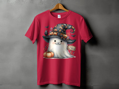 Red t-shirt with a ghost wearing a witch hat and holding a "Happy Halloween" sign.