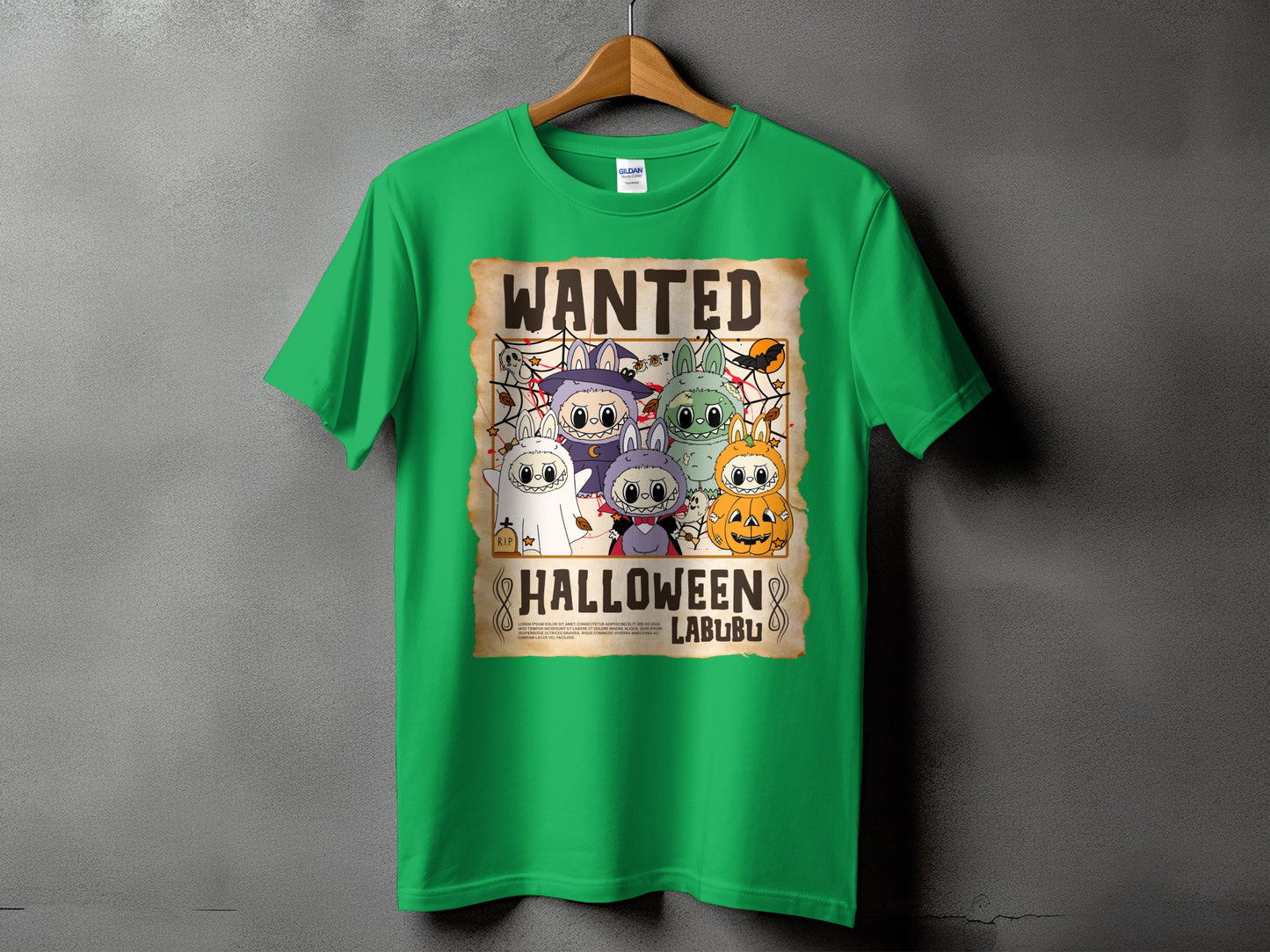 Green t-shirt with wanted poster design featuring cartoon characters and "Halloween Labubu" text.
