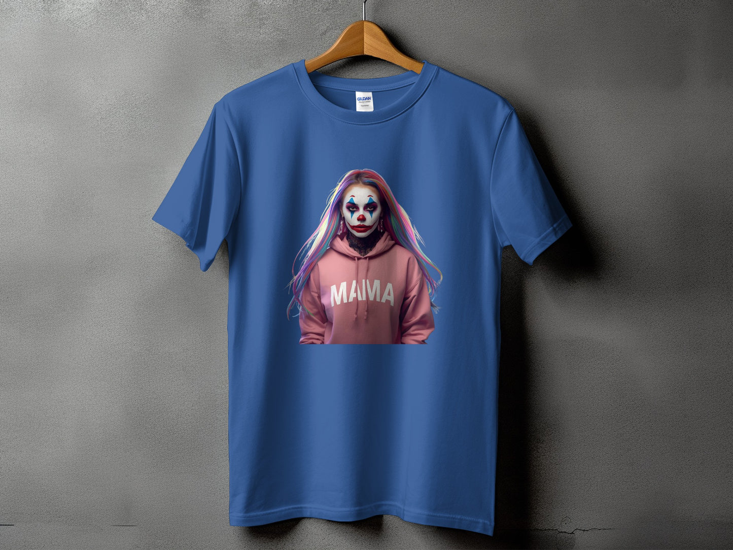 Blue t-shirt featuring a clown with colorful hair and the word "MAMA" on a pink hoodie.