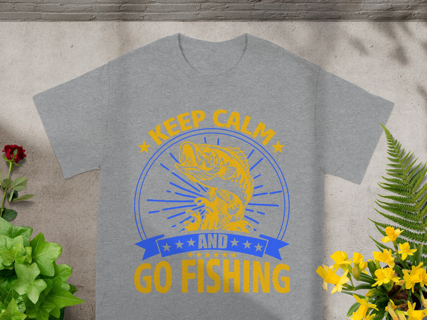 Grey t-shirt with yellow text "Keep Calm and Go Fishing" and a yellow fish graphic.