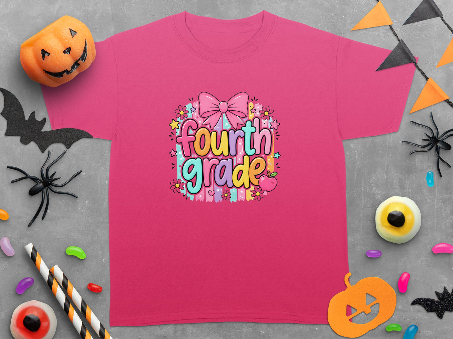 Pink t-shirt with "Fourth Grade" text and a pink bow surrounded by flowers.