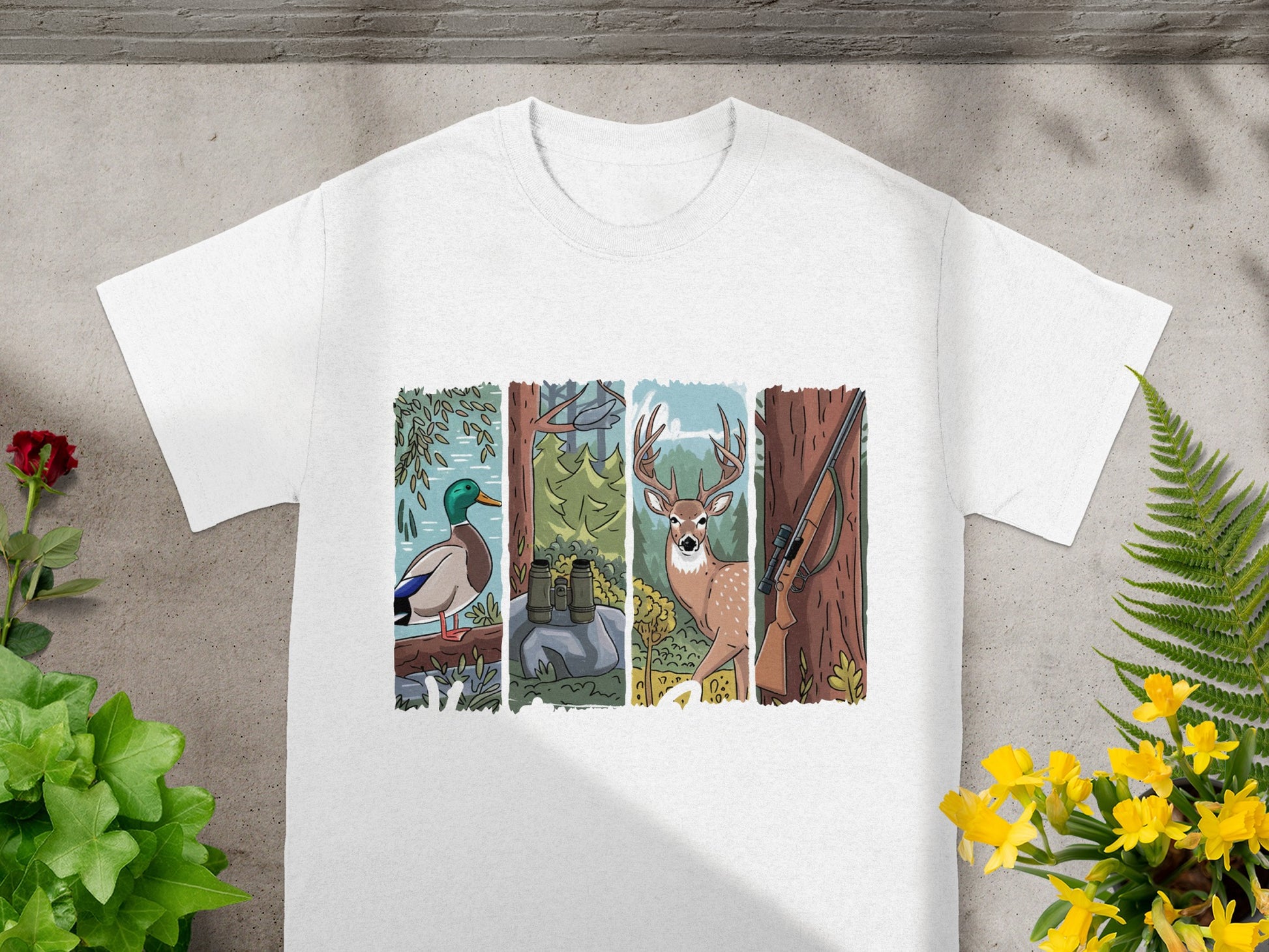 White t-shirt with a graphic of a duck, binoculars, deer, and rifle in vertical panels.