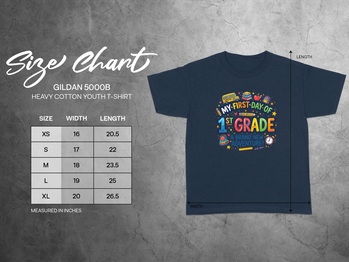 Size chart for Gildan 5000B youth t-shirt with width and length measurements.