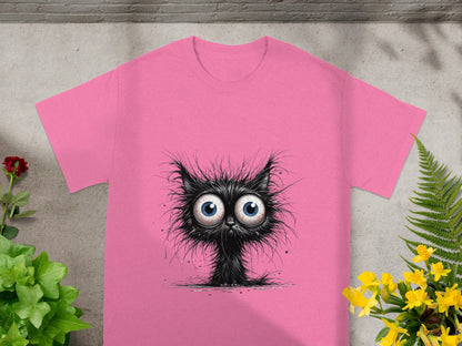 Furry Wide-Eyed Creature with Pink Background T-shirt