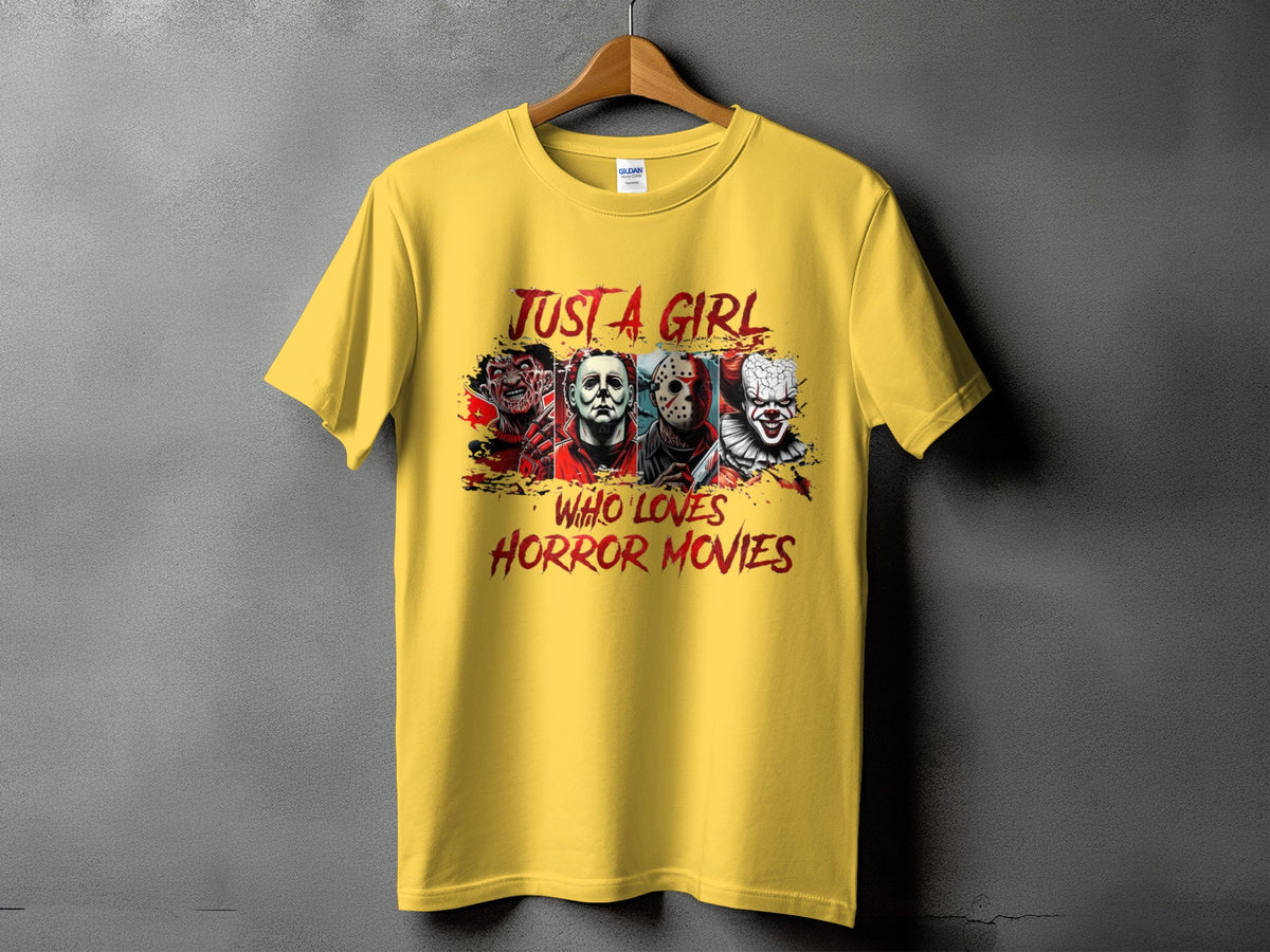 Yellow t-shirt with "Just a Girl Who Loves Horror Movies" text and horror character graphics.