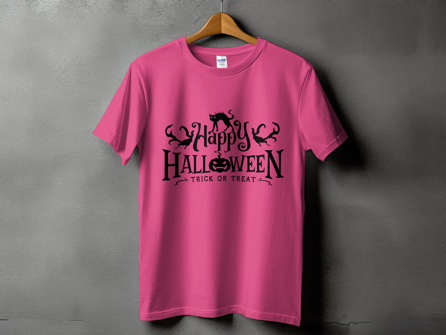 Pink t-shirt with "Happy Halloween Trick or Treat" text and Halloween graphics.