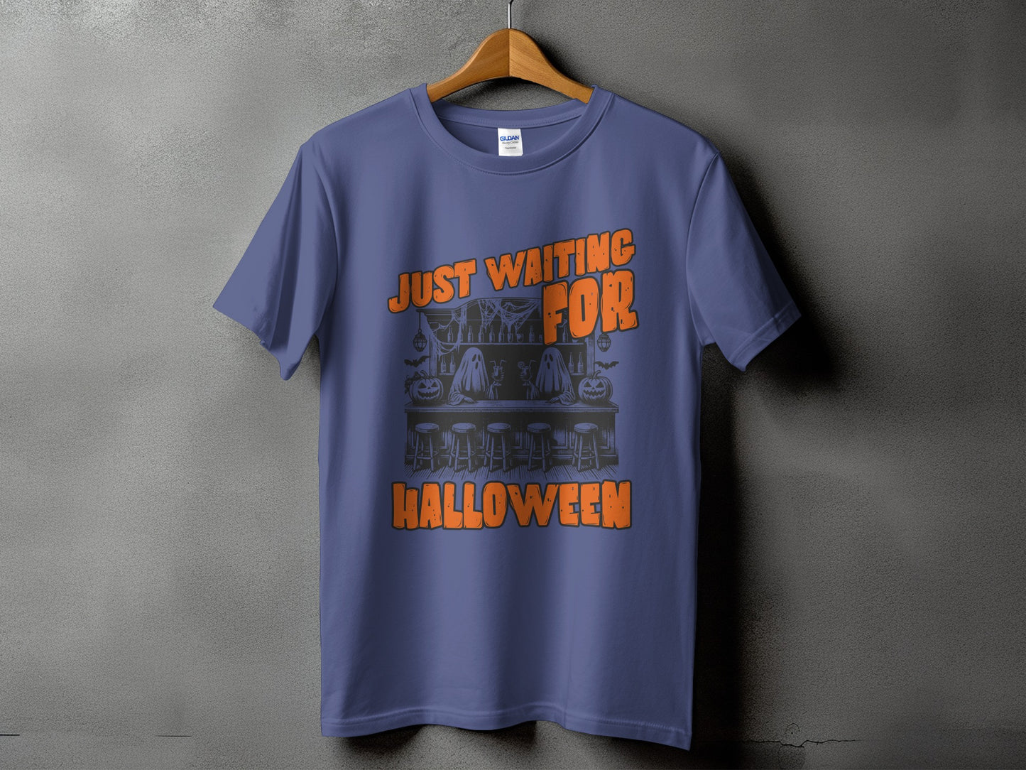 Purple t-shirt with "JUST WAITING FOR HALLOWEEN" text and Halloween scene.