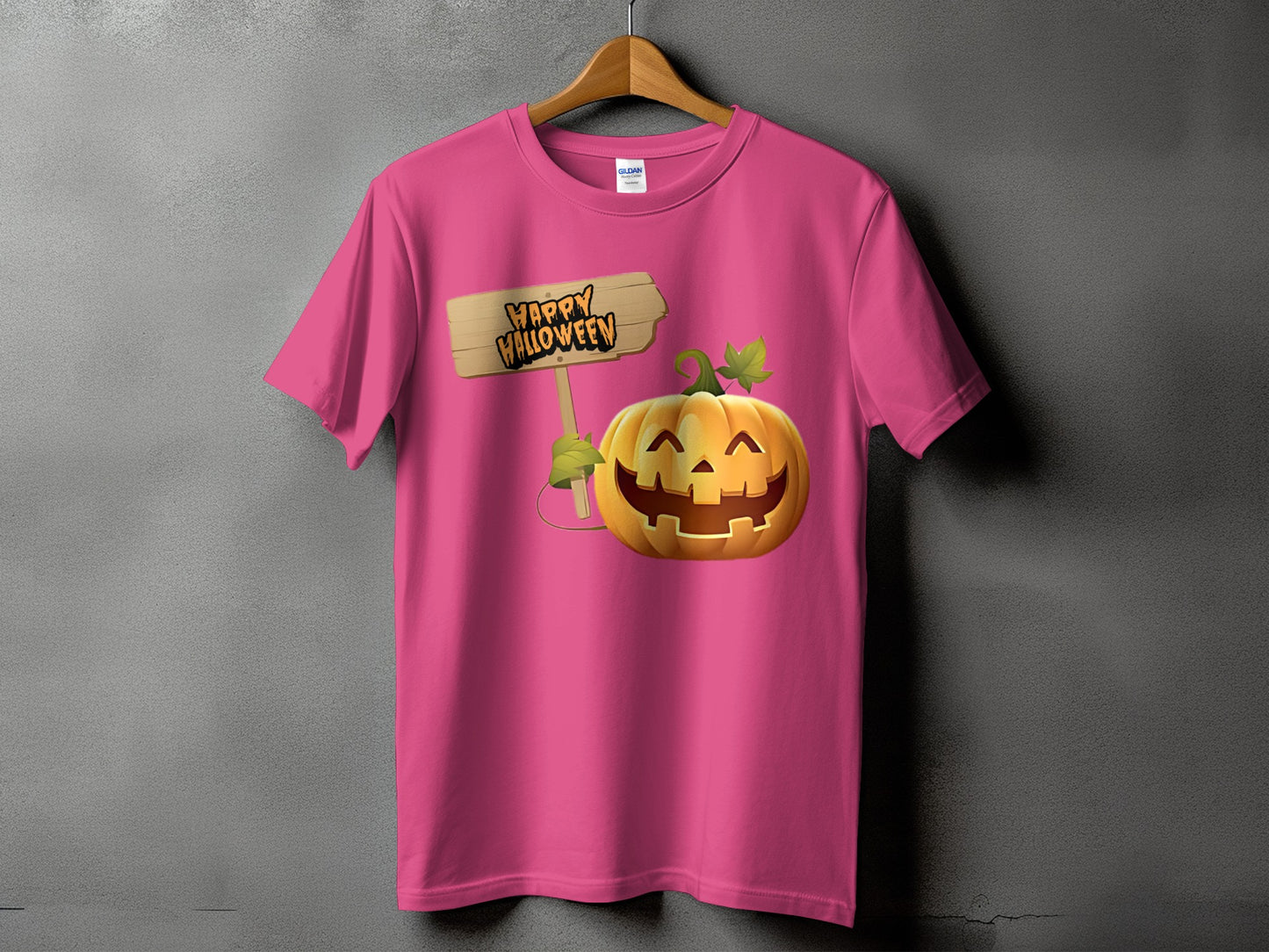 Pink t-shirt with a jack-o'-lantern and "Happy Halloween" sign graphic.