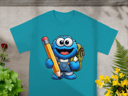 Blue monster with backpack holds a large yellow pencil.