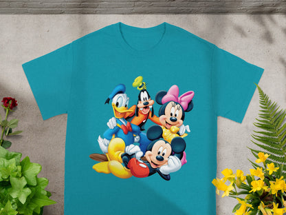 Mickey Mouse, Minnie Mouse, Donald Duck, and Goofy in a group hug on a teal t-shirt.