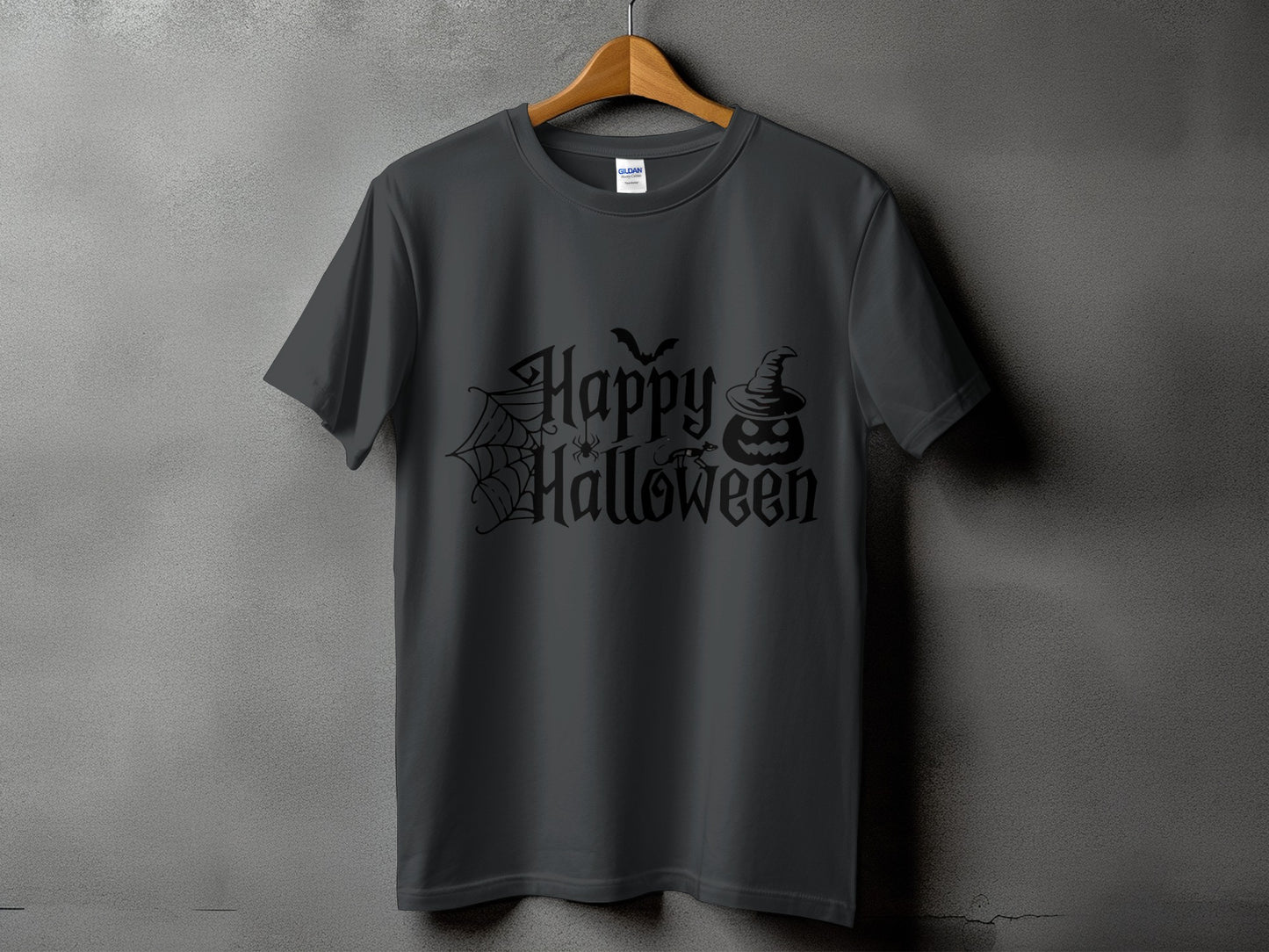 Dark grey t-shirt with black "Happy Halloween" text, spiderweb, spider, bat, and pumpkin.