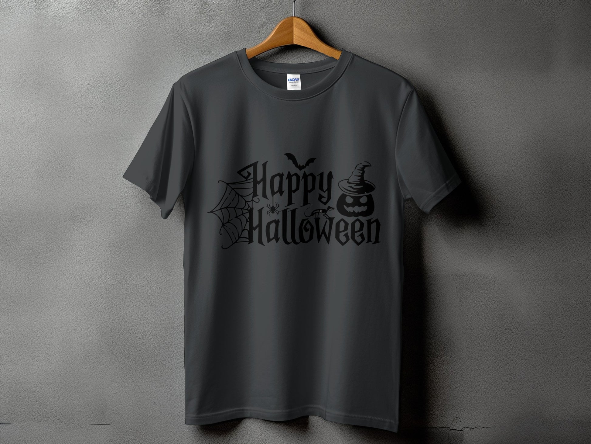 Dark grey t-shirt with black "Happy Halloween" text, spiderweb, spider, bat, and pumpkin.