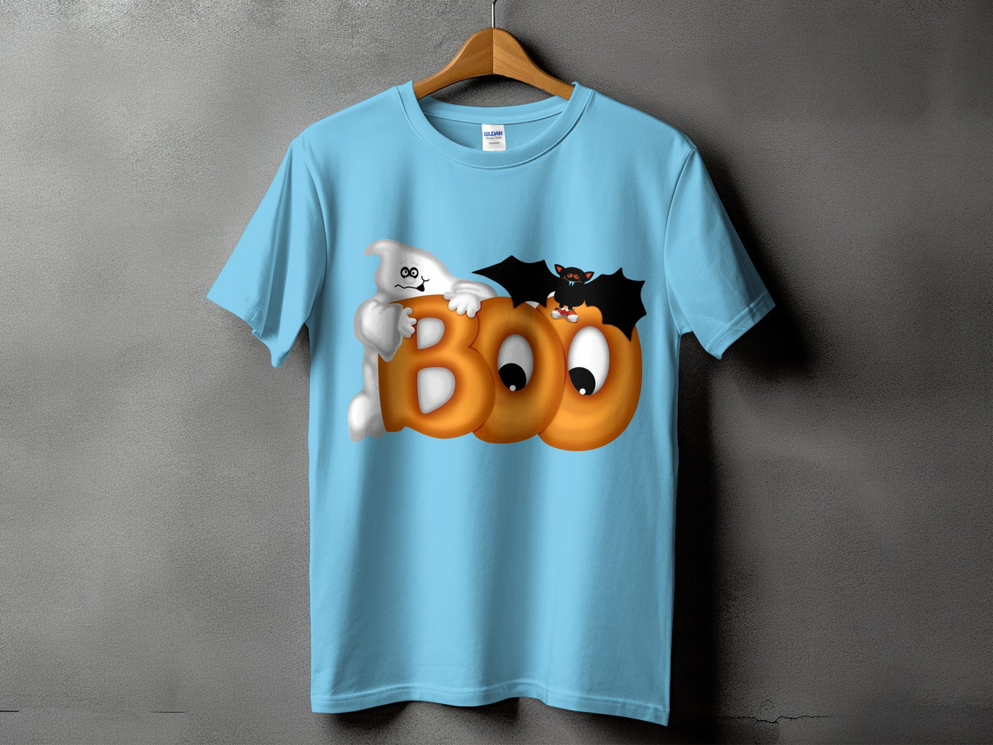 Light blue t-shirt with a ghost, bat, and "BOO" text graphic.
