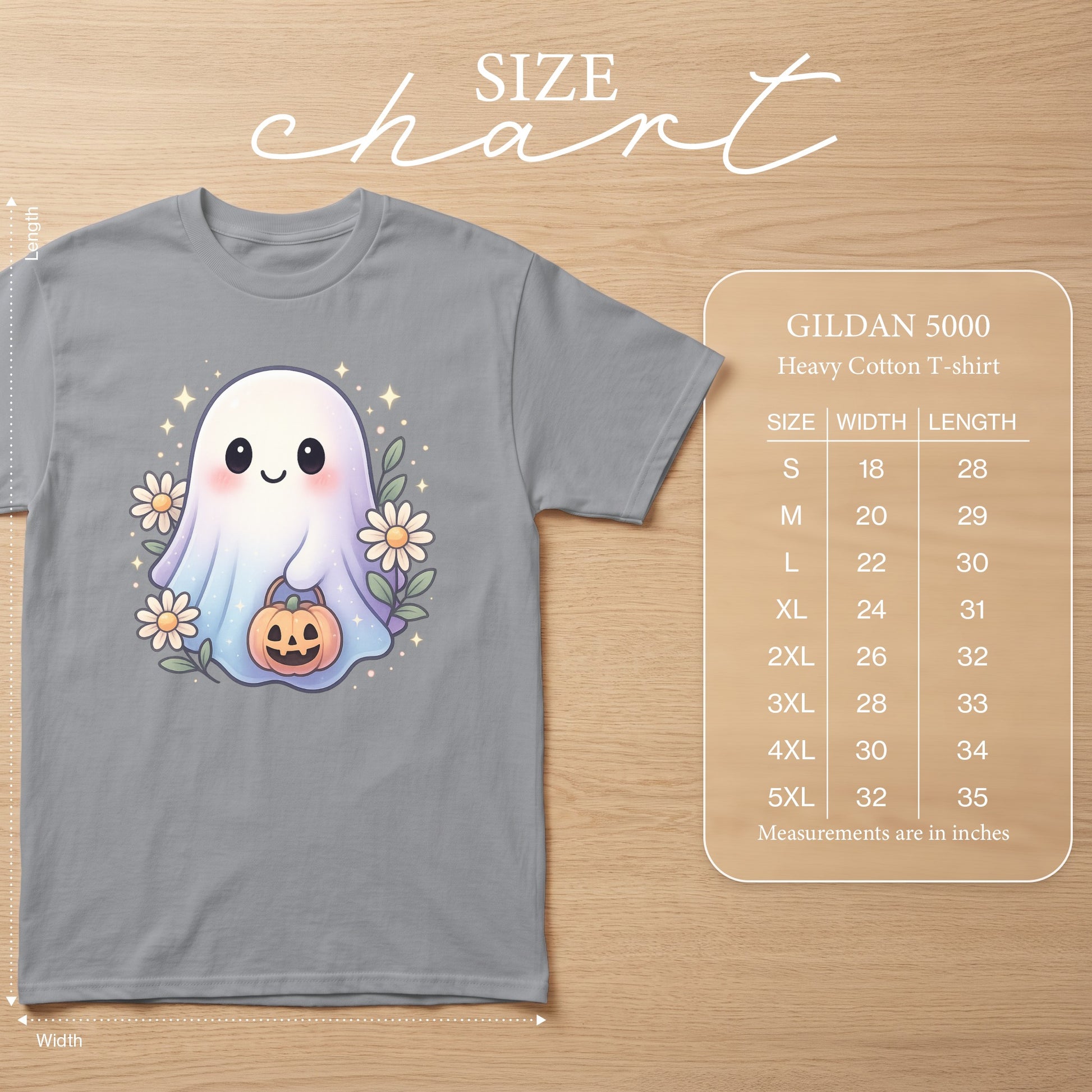 Gildan 5000 Heavy Cotton T-shirt with cute ghost and size chart.