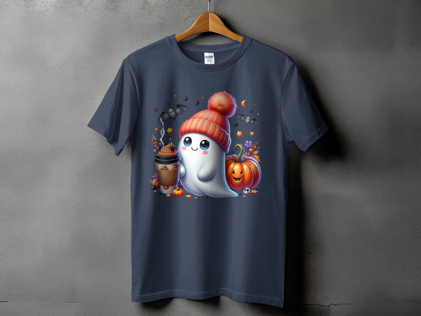 Ghost in beanie with coffee and pumpkins on dark t-shirt.