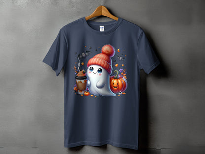 Ghost in beanie with coffee and pumpkins on dark t-shirt.