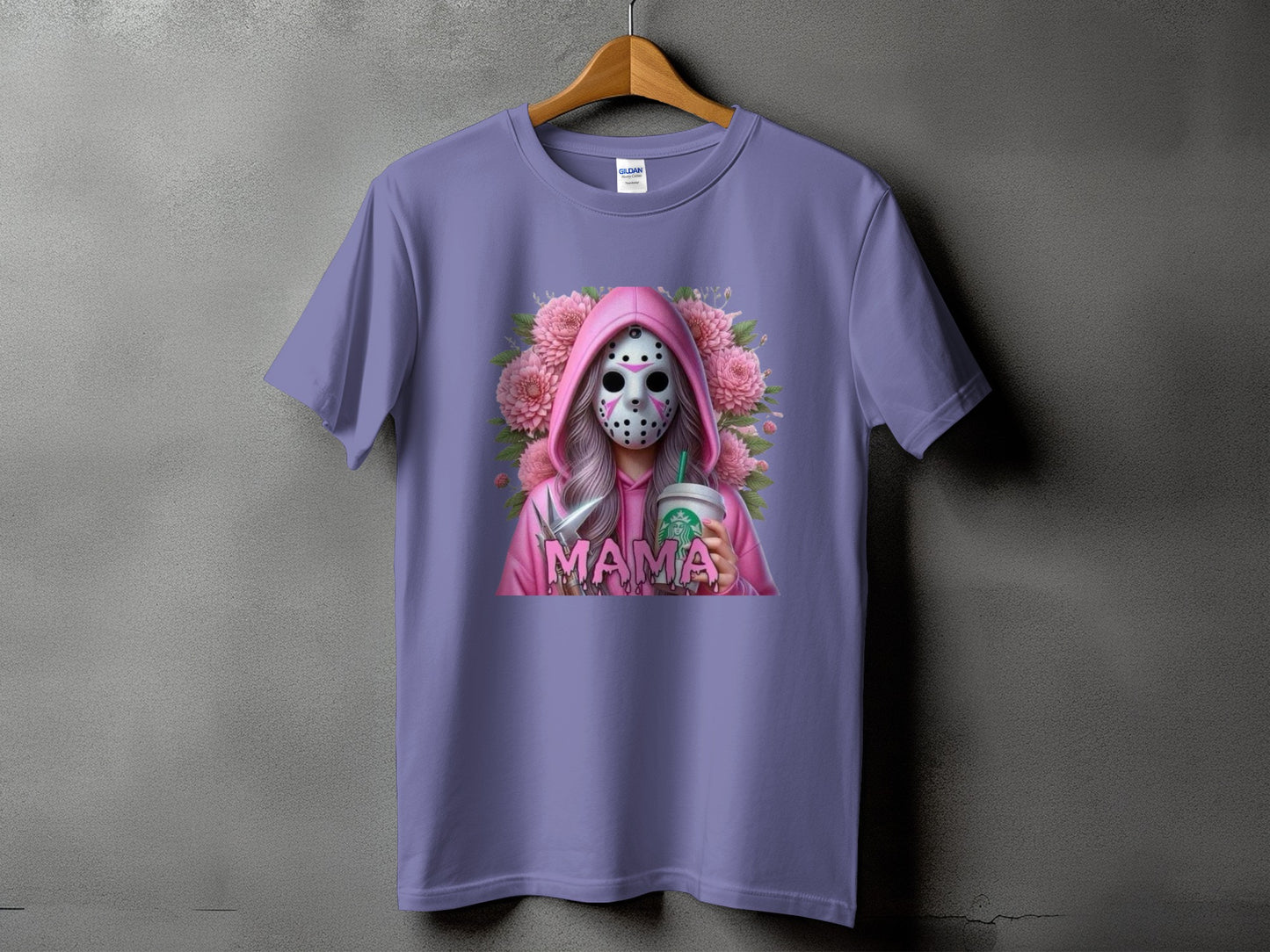 Purple t-shirt with a graphic of a masked figure holding a coffee cup and knife.