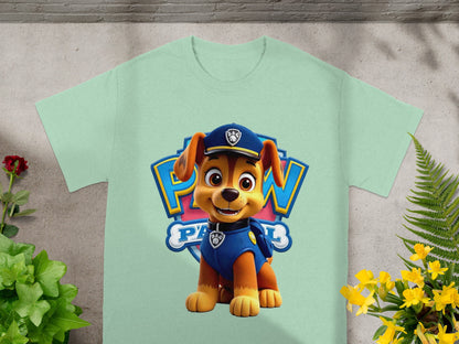 Chase from Paw Patrol on a light blue t-shirt with Paw Patrol logo.