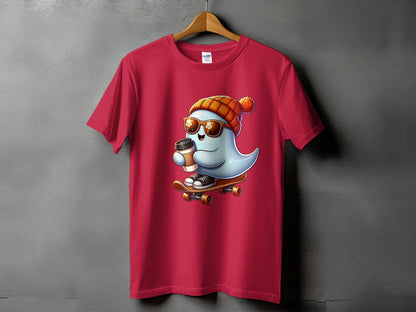Red t-shirt with cartoon ghost wearing beanie, sunglasses, and holding coffee on a skateboard.