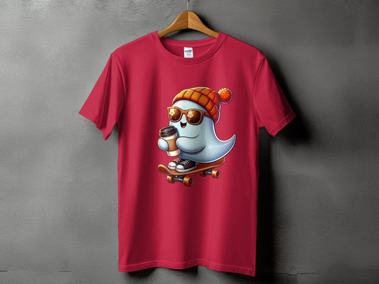Red t-shirt with cartoon ghost wearing beanie, sunglasses, and holding coffee on a skateboard.