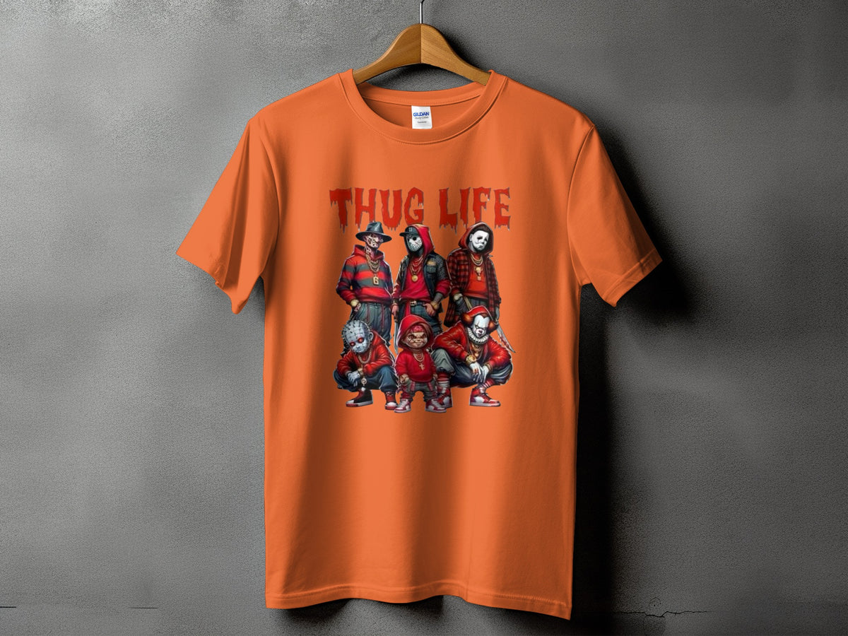 Orange t-shirt with "THUG LIFE" text and horror movie characters.