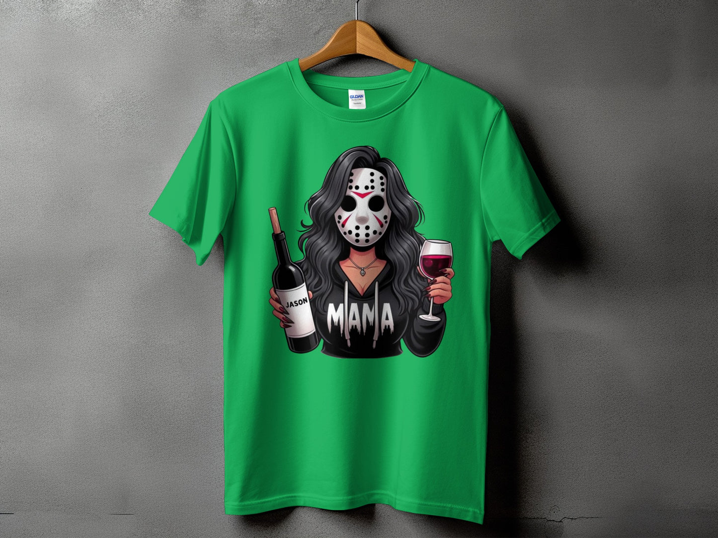 Green t-shirt with graphic of woman in hockey mask holding wine and bottle labeled "Jason", text "Mama".