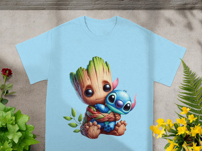 Groot and Stitch hug on a light blue t-shirt.