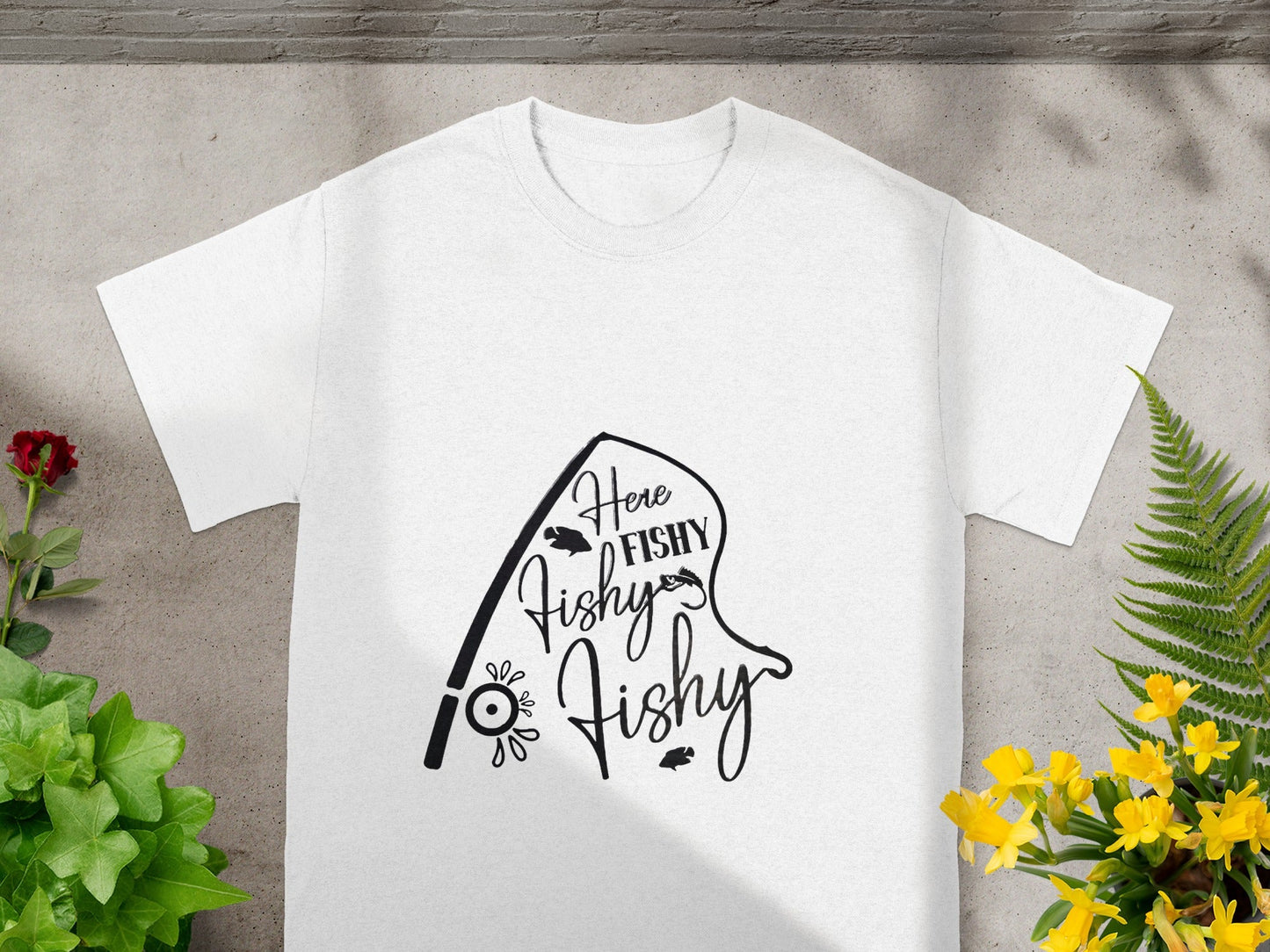 Here Fishy Fishy Fishy Graphic White T-Shirt