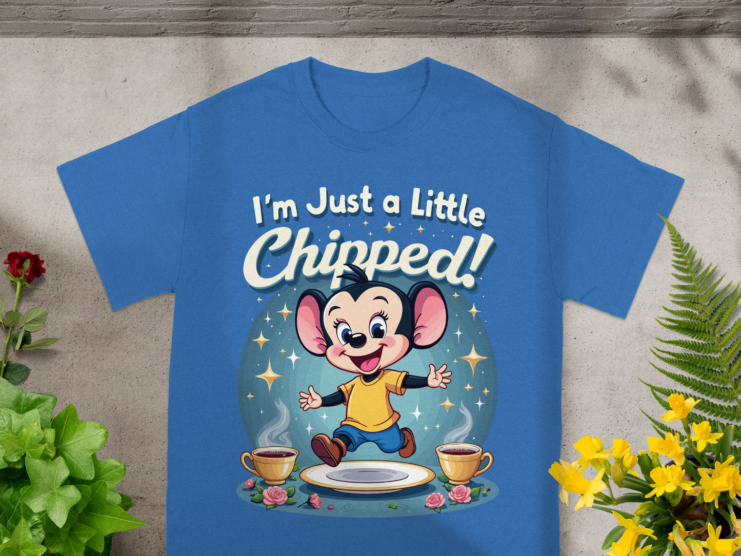 Blue t-shirt with cartoon mouse and text "I'm Just a Little Chipped!"
