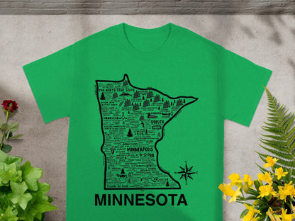 Minnesota State Map Print Green T-Shirt with Cities