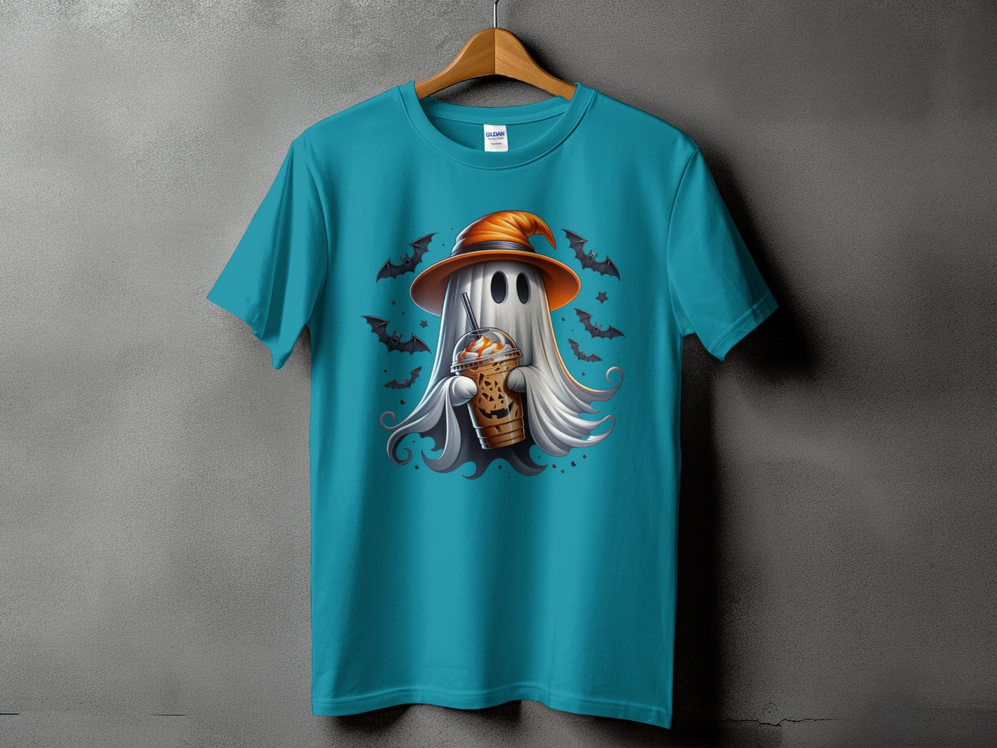 Teal t-shirt with a ghost wearing an orange hat holding a coffee cup.