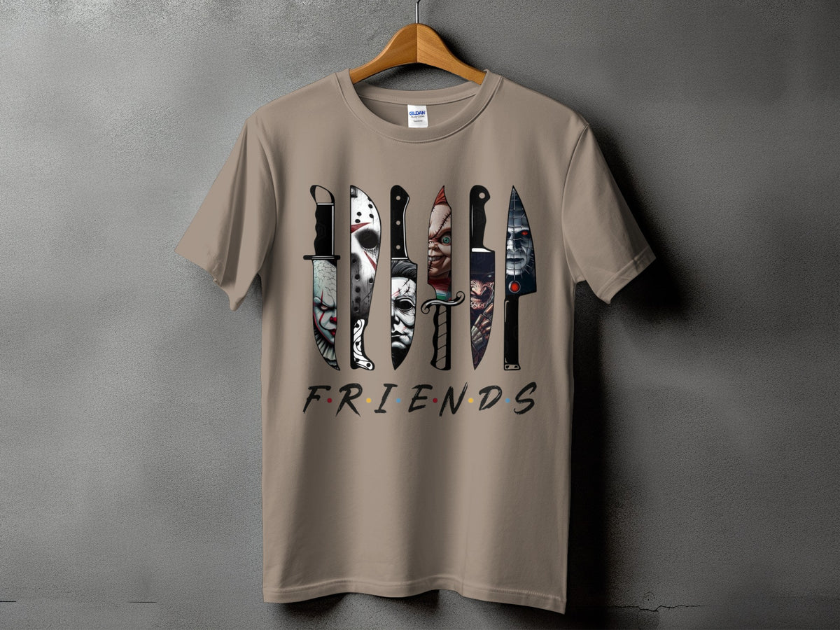 T-shirt with horror movie knives and "Friends" text.