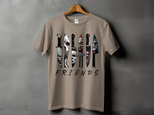 T-shirt with horror movie knives and "Friends" text.