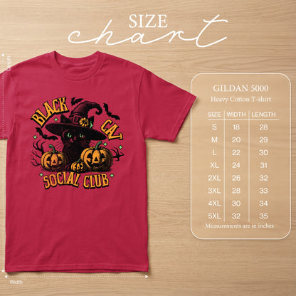 Red t-shirt with "Black Cat Social Club" Halloween graphic and size chart.