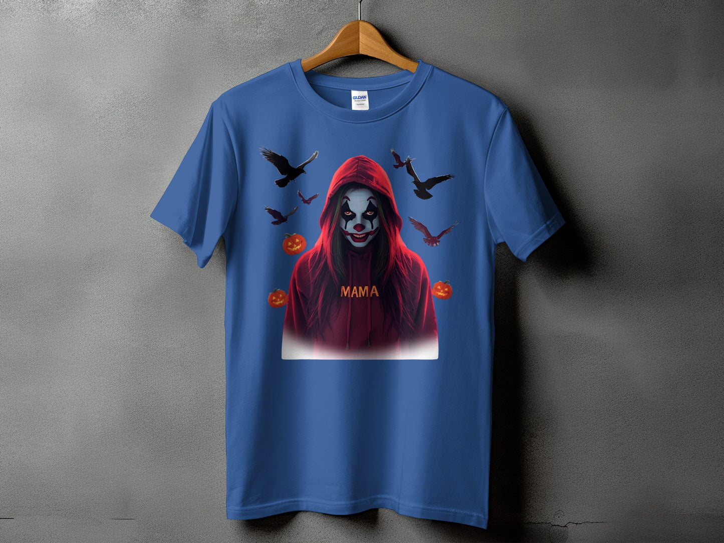 Blue t-shirt with a spooky clown design and the word "Mama".