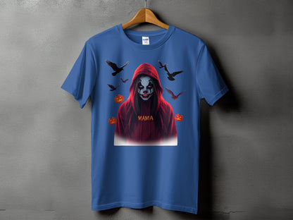 Blue t-shirt with a spooky clown design and the word "Mama".