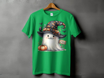 Green t-shirt with a cute ghost wearing a Halloween hat and holding a pumpkin.