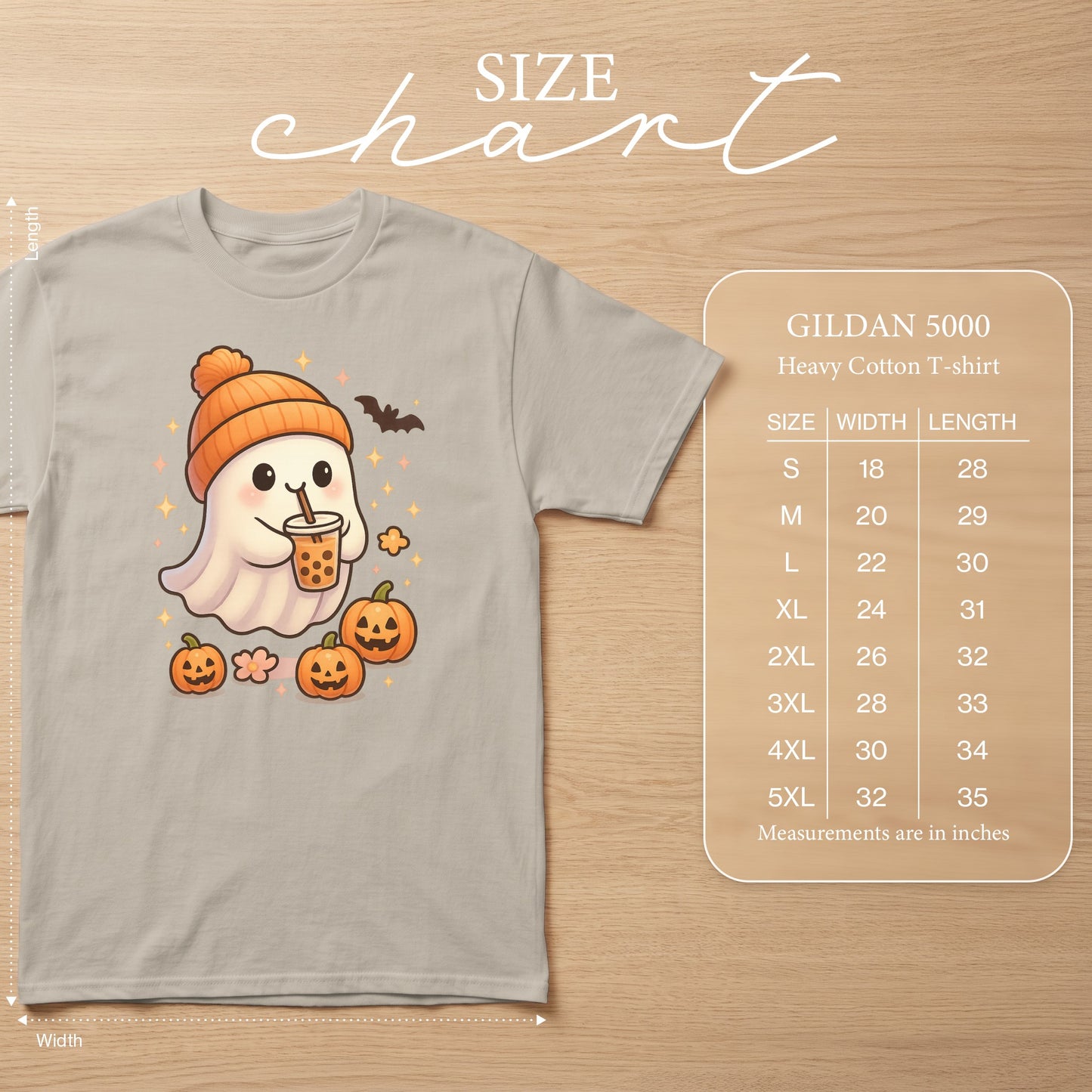Ghost with boba, pumpkins, and bat wearing orange beanie on a Gildan 5000 size chart.