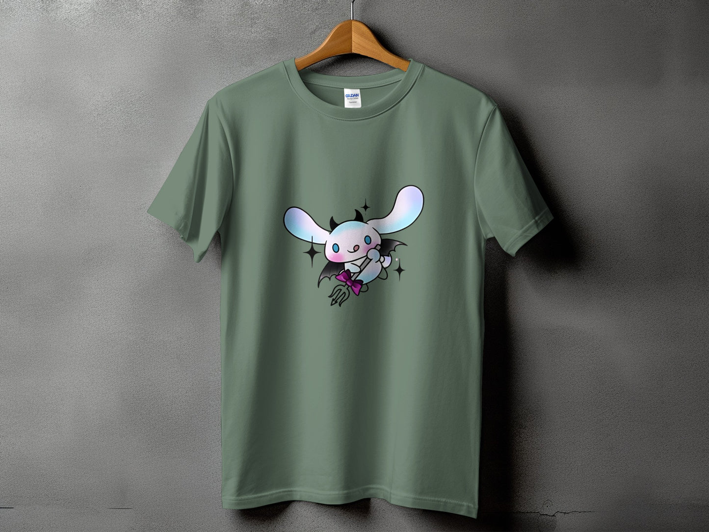 Green Gildan t-shirt with a white cartoon bunny character wearing a black cape.