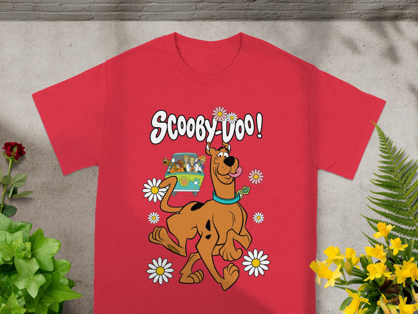 Red t-shirt with Scooby-Doo, the Mystery Machine, and daisies design.