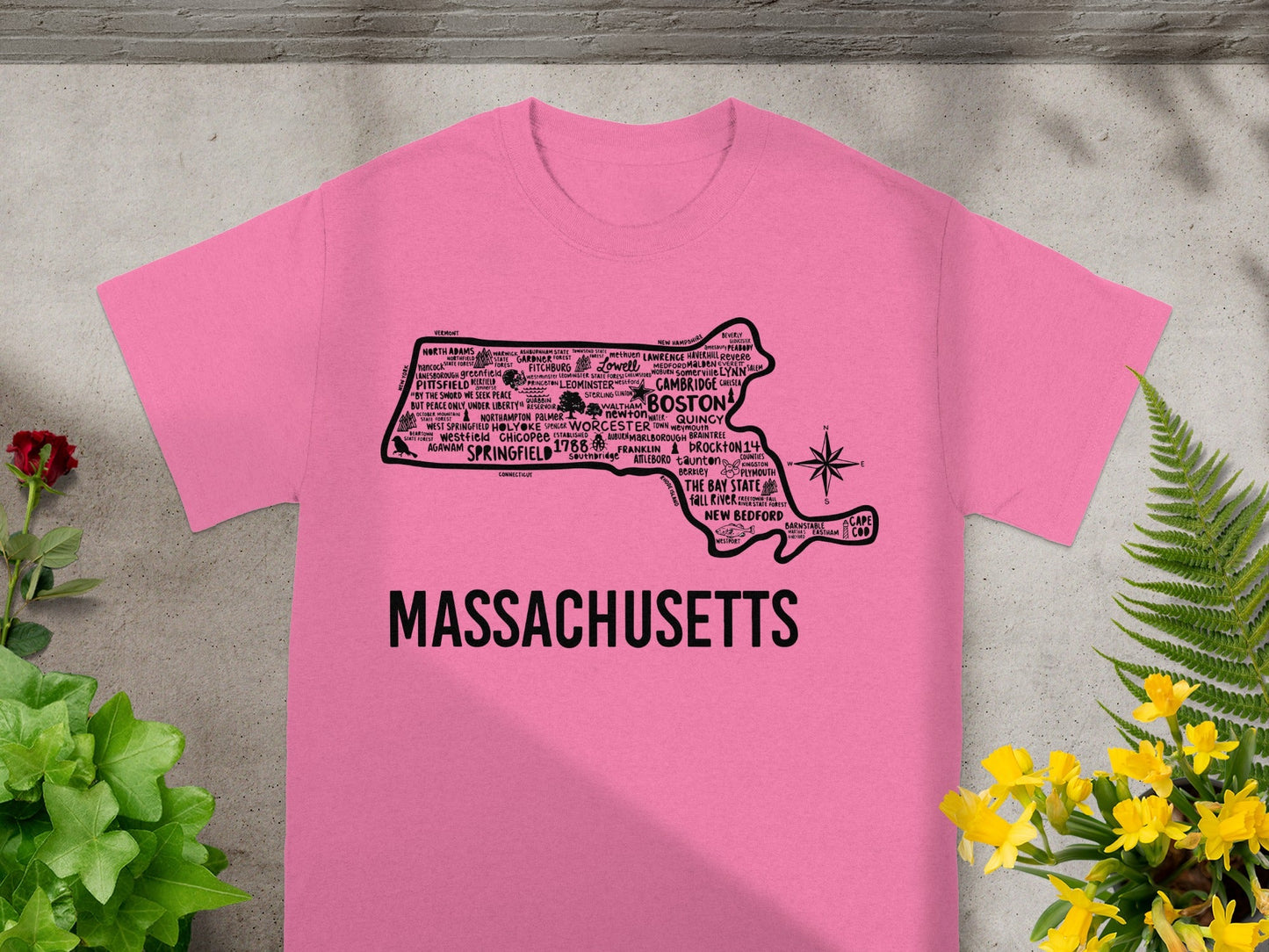 Massachusetts State Map Graphic Pink T-Shirt
