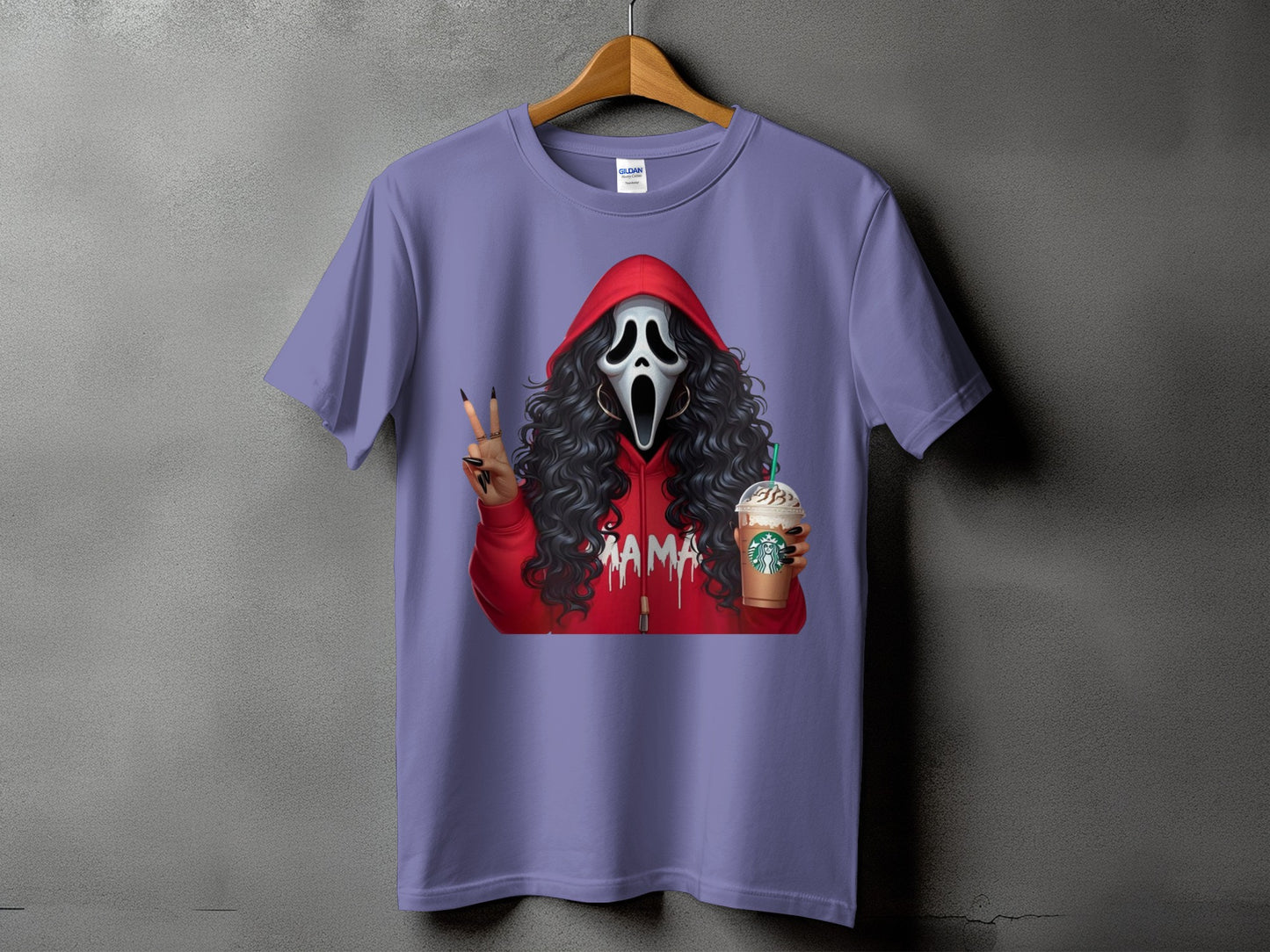 Ghostface "Mama" graphic on a lavender t-shirt holding a coffee drink.