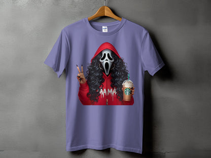 Ghostface "Mama" graphic on a lavender t-shirt holding a coffee drink.