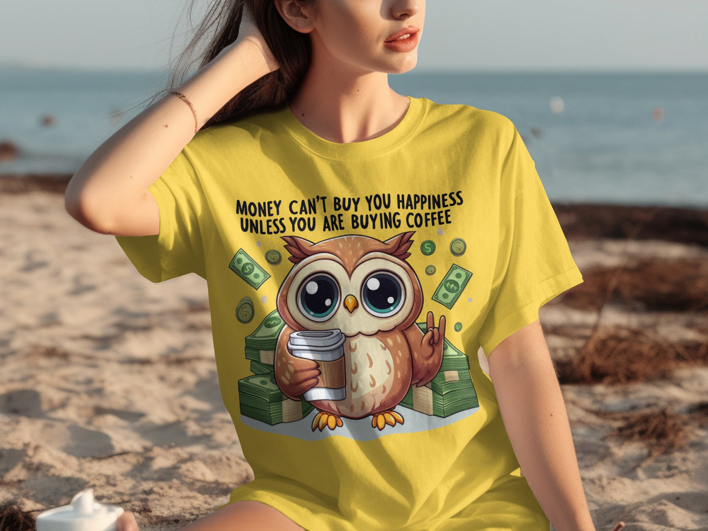 Money Can't Buy You Happiness Coffee Owl T-Shirt