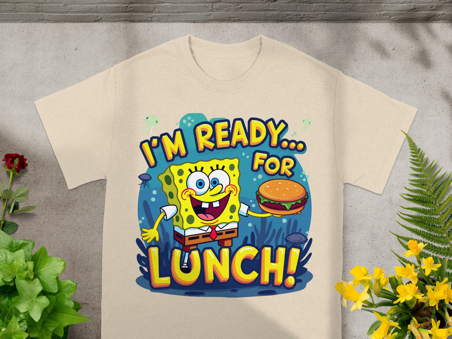 SpongeBob SquarePants shirt with text "I'm Ready... For Lunch!" and a burger.